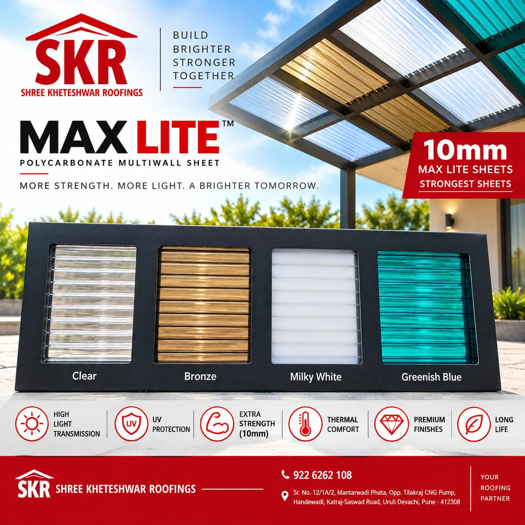 A promotional graphic for SKR Max Lite polycarbonate multiwall sheets, showing a black frame with four color options: Clear, Bronze, Milky White, and Greenish Blue. The background features a modern roof structure under a blue sky, with the SKR brand logo and contact details displayed prominently.