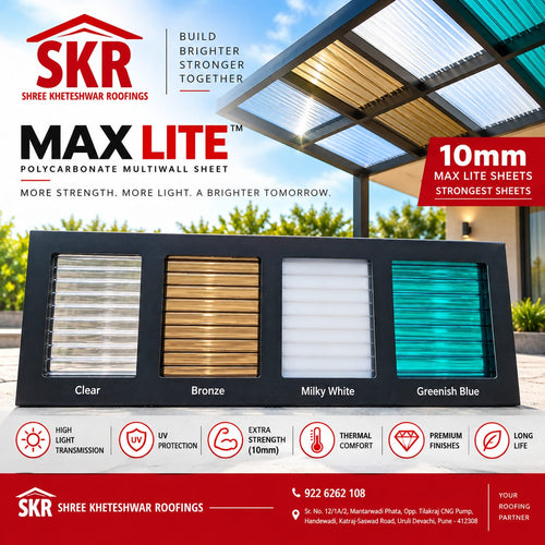 A promotional graphic for SKR Max Lite polycarbonate multiwall sheets, showing a black frame with four color options: Clear, Bronze, Milky White, and Greenish Blue. The background features a modern roof structure under a blue sky, with the SKR brand logo and contact details displayed prominently.