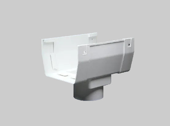 A white plastic gutter downpipe connector shown against a solid orange background.