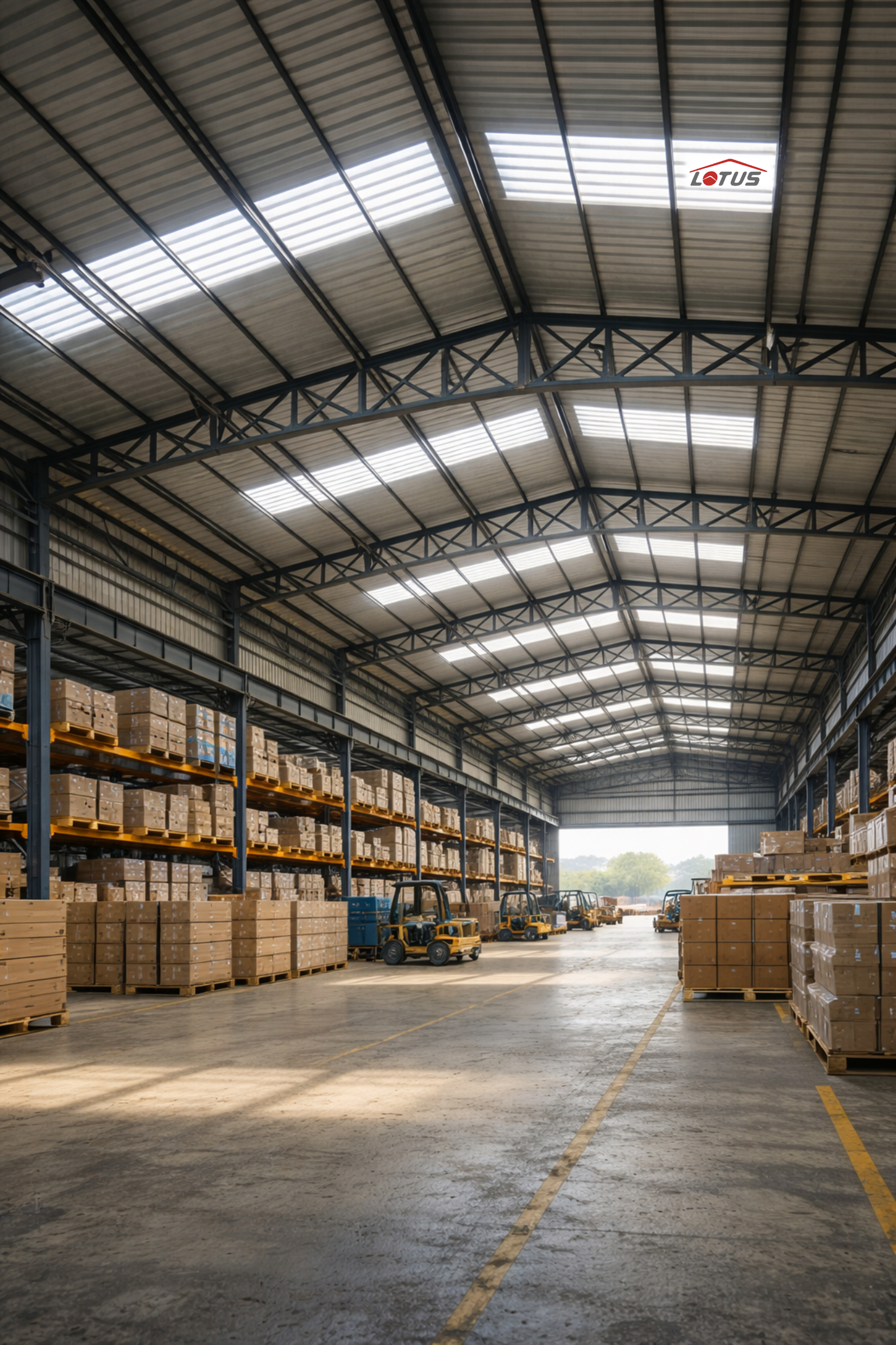 A high-ceilinged warehouse interior with metal roof trusses, skylight panels, shelving, and stacks of boxed goods on pallets. A small yellow vehicle is visible in the distance, and a logo reading LOTUS appears near the upper right area.