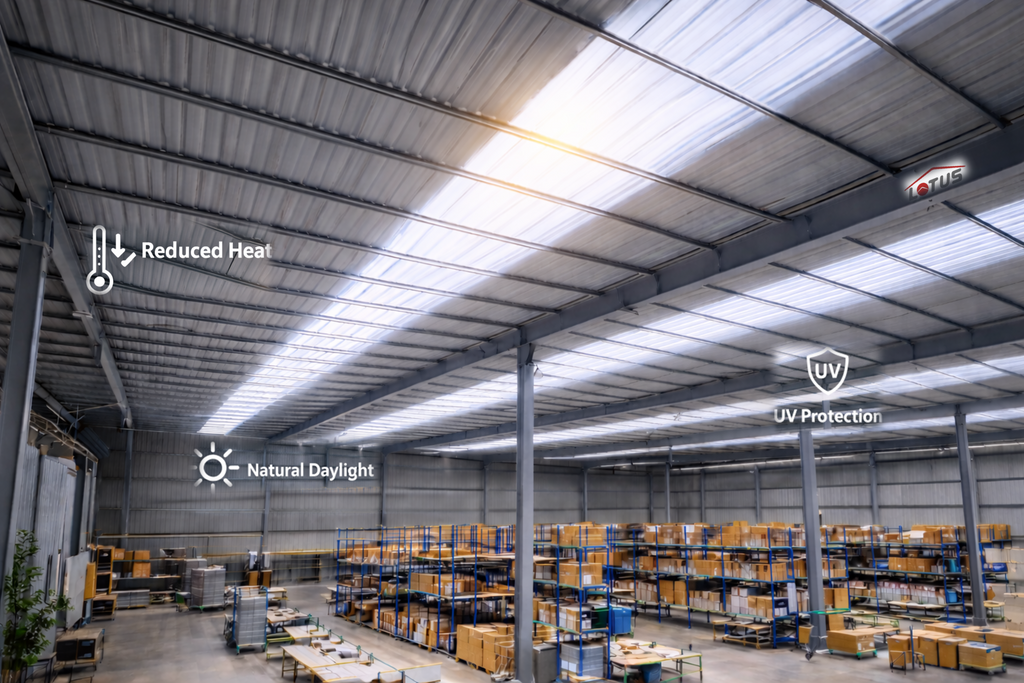 A large warehouse interior with metal roof panels and bright overhead lighting, showing shelving and boxes in the storage area. White text overlays highlight benefits: 'Reduced Heat,' 'Natural Daylight,' and 'UV Protection.