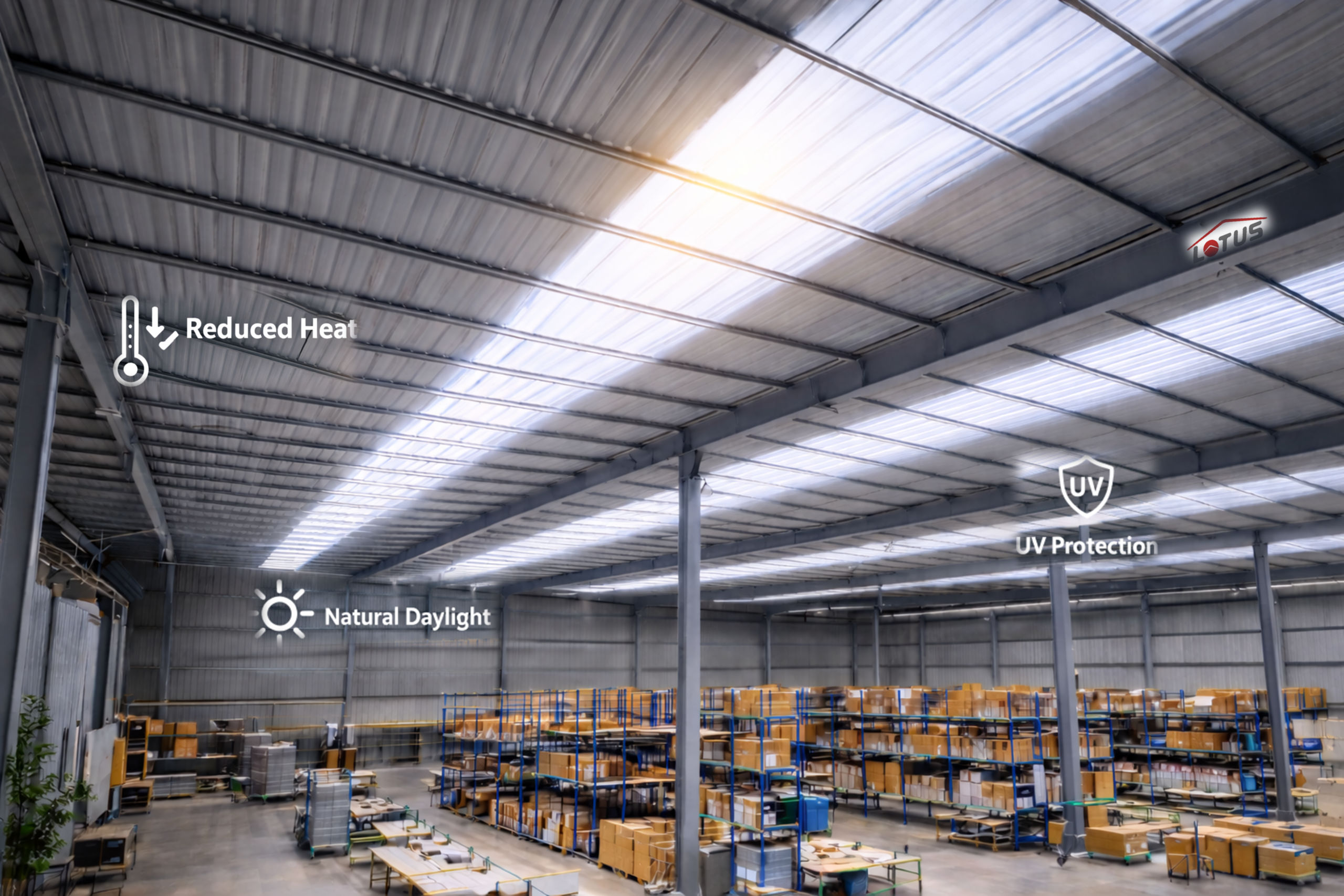 A large warehouse interior with metal roof panels and bright overhead lighting, showing shelving and boxes in the storage area. White text overlays highlight benefits: 'Reduced Heat,' 'Natural Daylight,' and 'UV Protection.