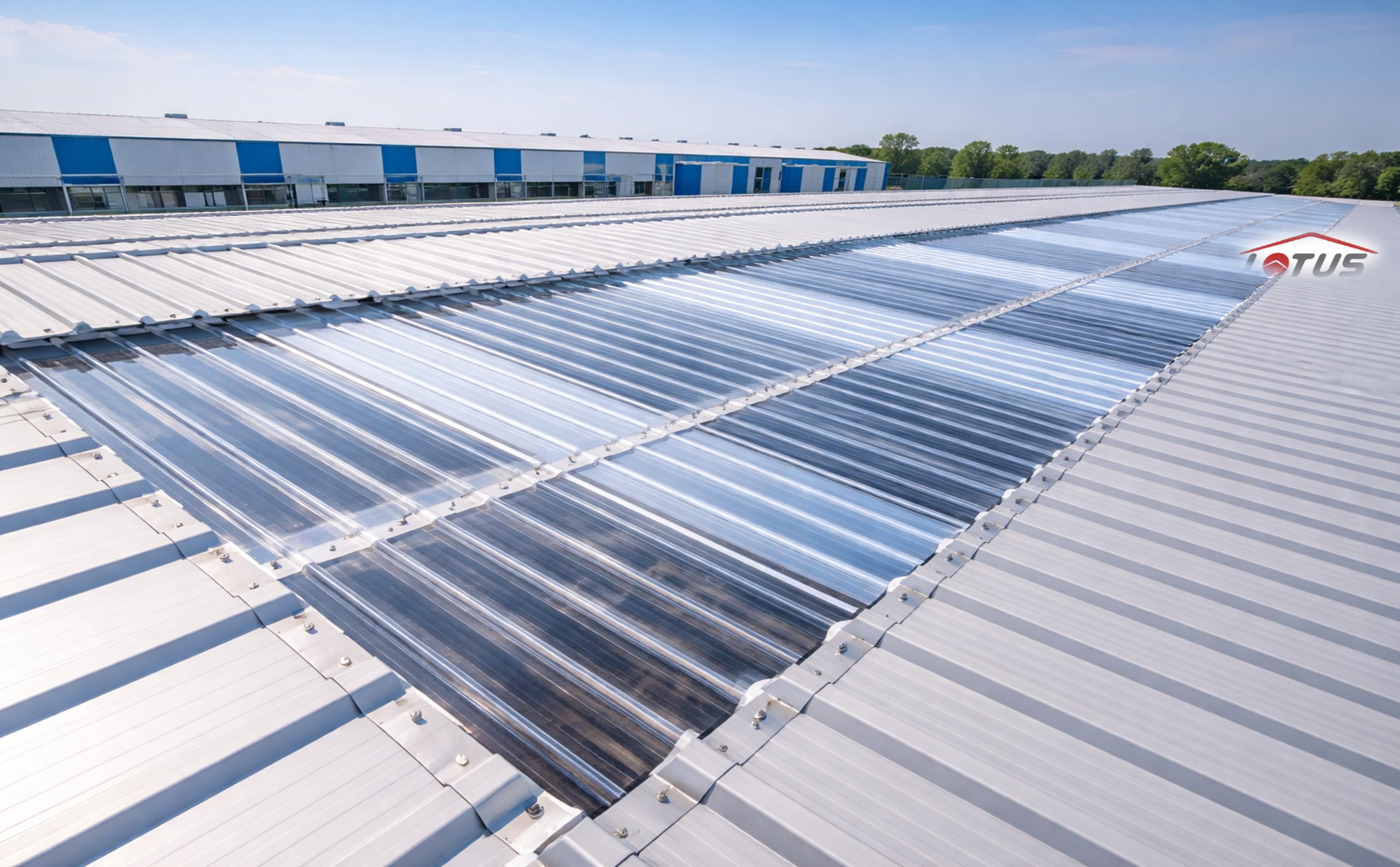 Transparent corrugated roof panels installed on a large industrial metal warehouse roof under a blue sky, with a blue and white building visible in the background.