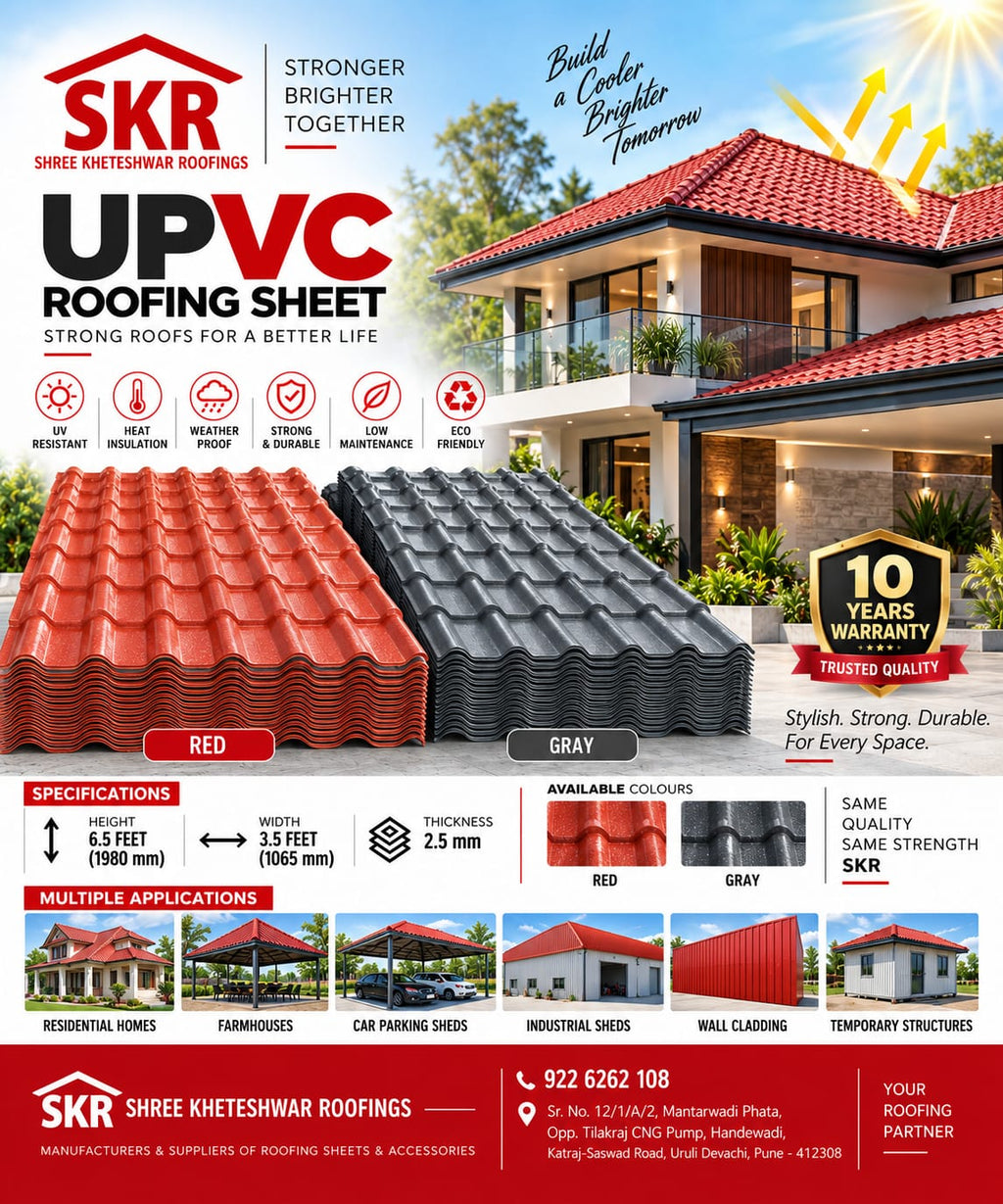 Promotional graphic for SKR UPVC Roofing Sheets showing red and gray corrugated roof tiles, a modern house with a red roof, product icons, dimensions, thickness, and multiple application examples. The brand SKR is prominently displayed.