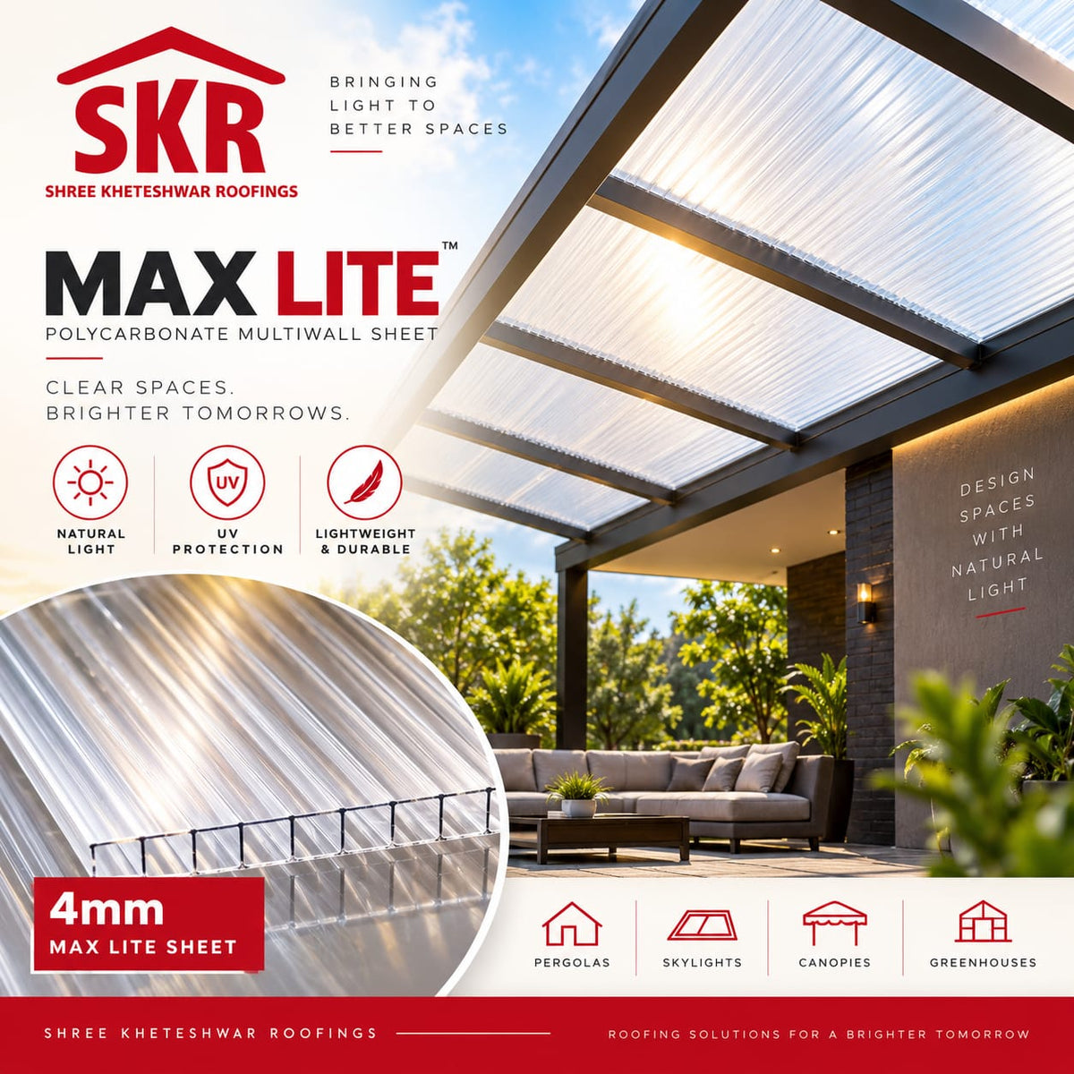 Promotional graphic for SKR Max Lite polycarbonate multiwall sheet roofing, showing a modern outdoor patio under a translucent roof, a close-up of the corrugated sheet, and feature icons for natural light, UV protection, and lightweight durability.