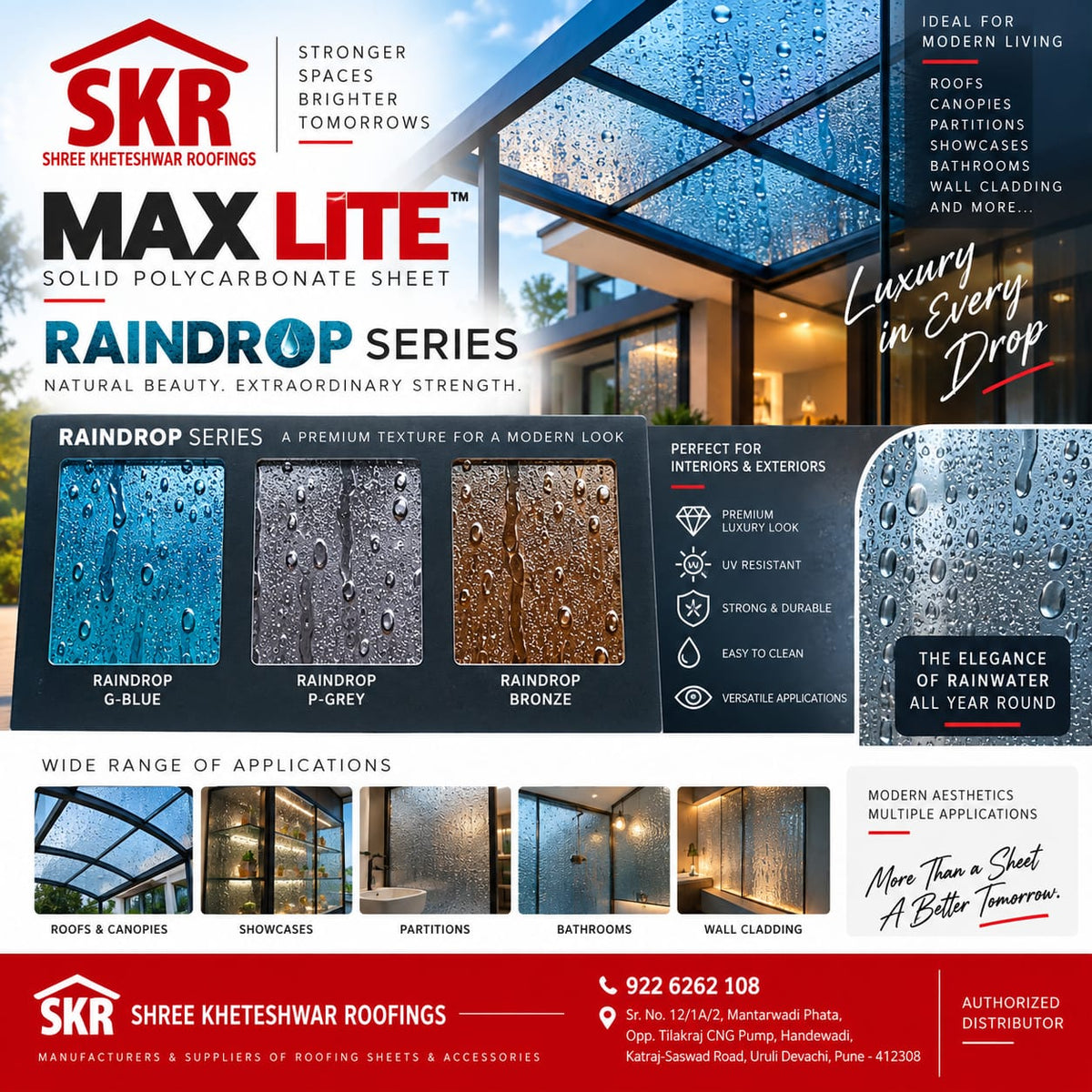 Promotional graphic for SKR Max Lite Raindrop Series solid polycarbonate roofing sheets, showing water droplets on a modern house facade and multiple sample color options including blue, gray, and bronze.