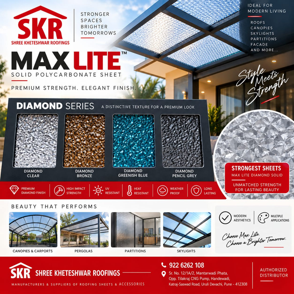A promotional graphic for SKR Max Lite solid polycarbonate roofing sheets, showing the SKR logo, product text, a roof sample photo, a row of diamond finish color swatches, and several architectural application photos.