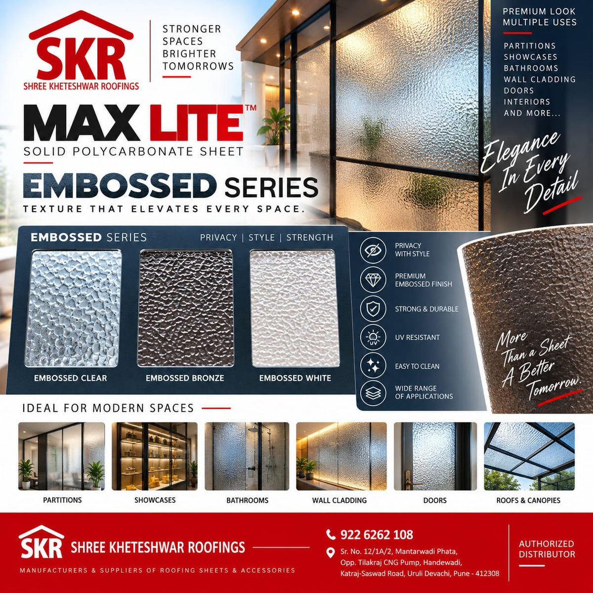 Promotional graphic for SKR Max Lite solid polycarbonate sheet, showcasing different embossed finishes (Clear, Bronze, White) with texture closeups, architectural application photos, and informational text.