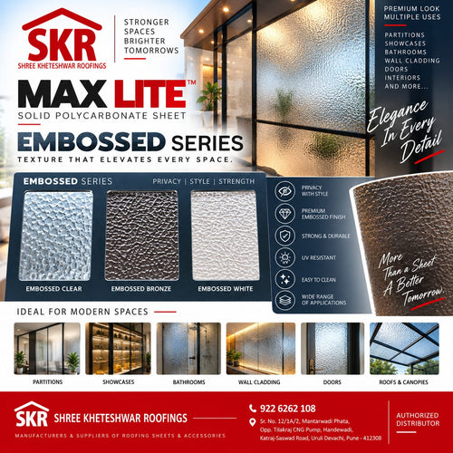 Promotional graphic for SKR Max Lite solid polycarbonate sheet, showcasing different embossed finishes (Clear, Bronze, White) with texture closeups, architectural application photos, and informational text.