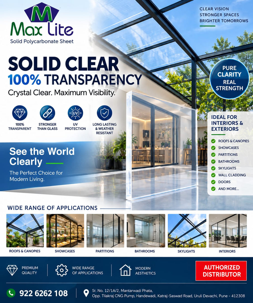 A promotional graphic for Max Lite Solid Polycarbonate Sheets, featuring a large glass window/canopy structure as a visual demonstration of transparency. The graphic includes text highlighting '100% TRANSPARENCY', 'Solid Clear', and various application areas like roofs, showrooms, and partitions, along with contact information and a red 'AUTHORIZED DISTRIBUTOR' badge.