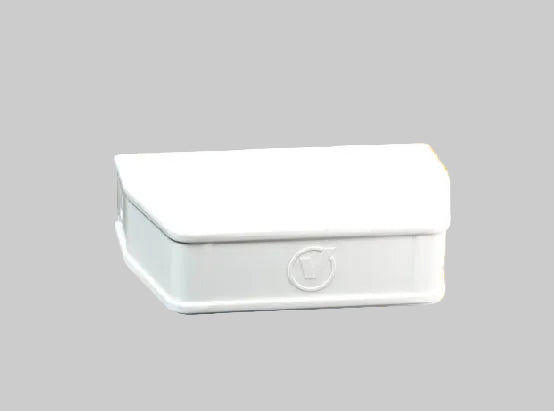 A white rectangular plastic container with a hinged lid, shown against a solid orange background.