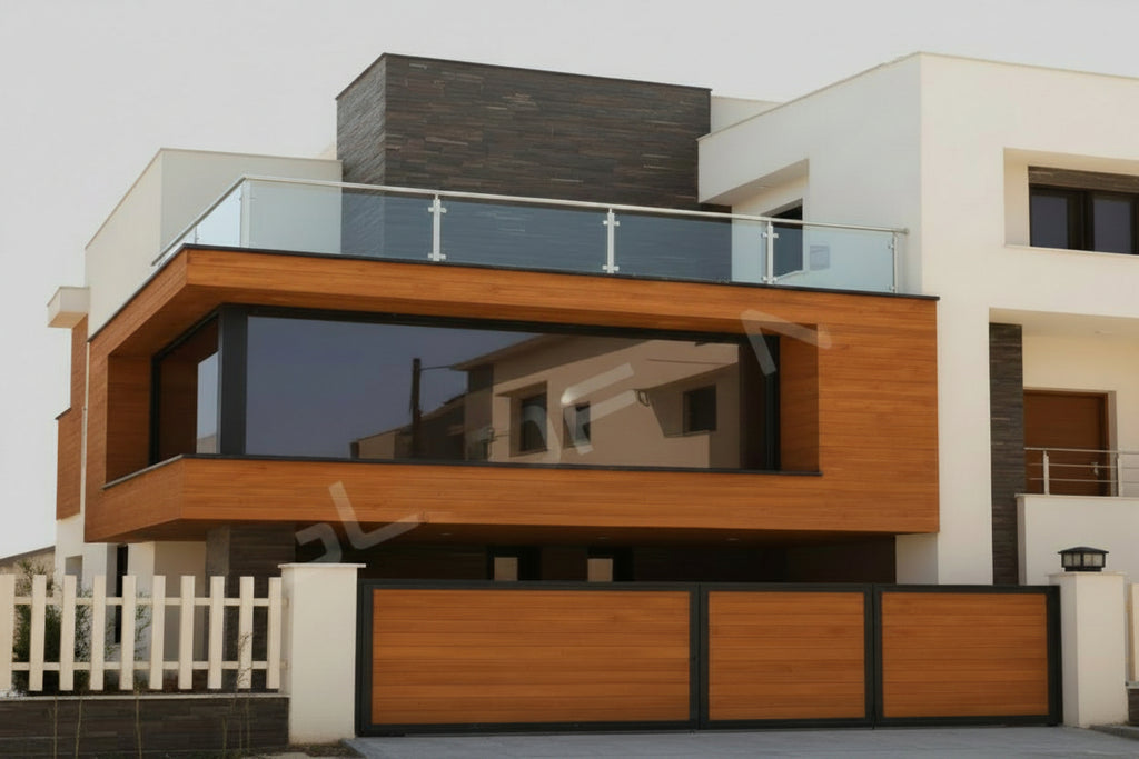 HPL Modern wooden house exterior with a large balcony, glass railing, and a matching wooden gate in front, shown against a white building background.