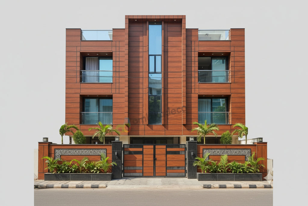 Modern multi-story residential building facade with reddish-brown wood paneling, large glass windows, a black metal gate, and landscaped planters with palm trees in front.