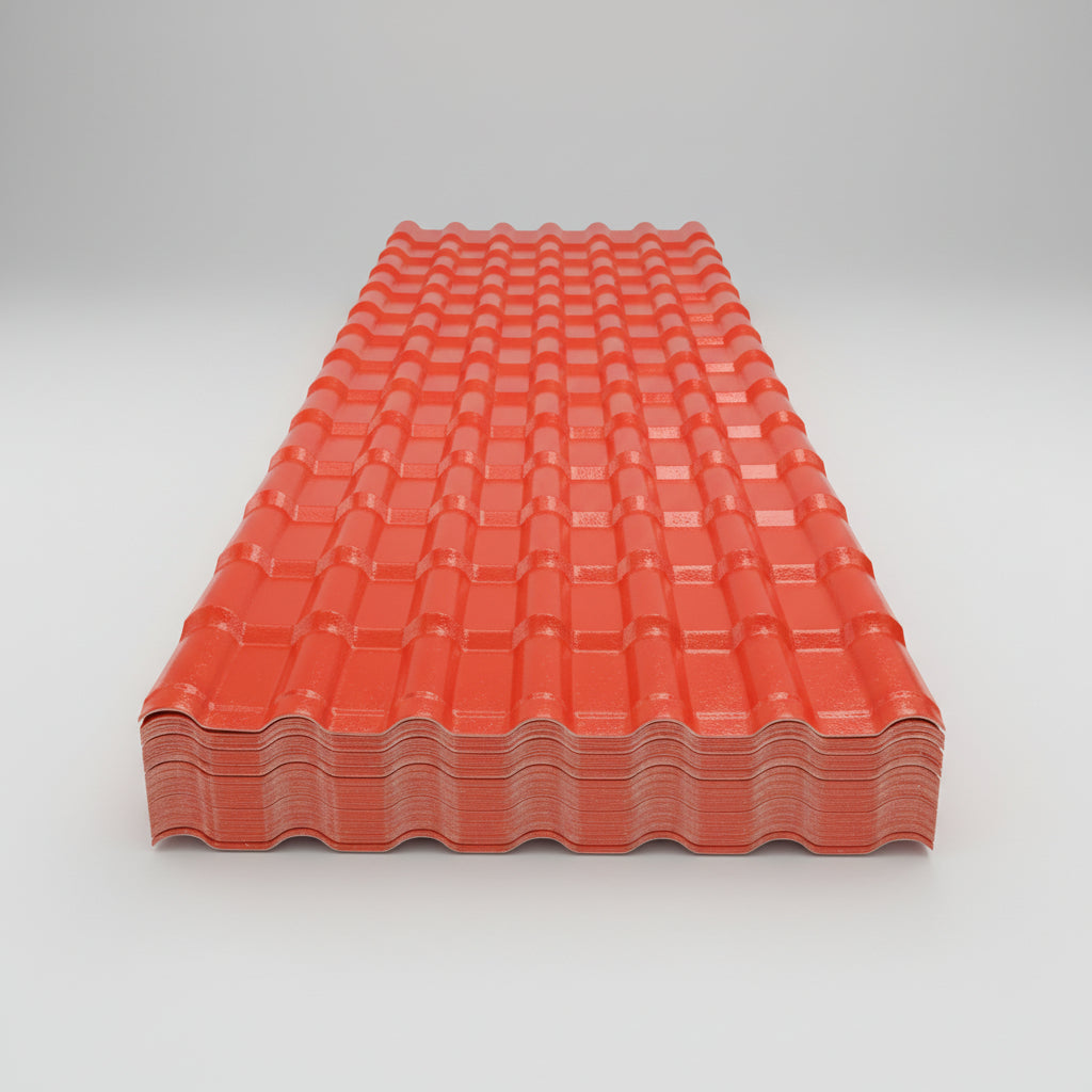 Bright orange-red corrugated upvc roofing sheets stacked on a warehouse floor, with a person's legs partially visible in the upper right corner.