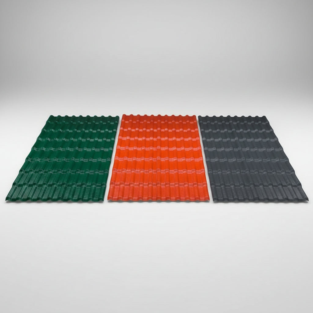 Bright orange-red corrugated plastic roofing sheets with a ribbed pattern, shown on a plain white background.