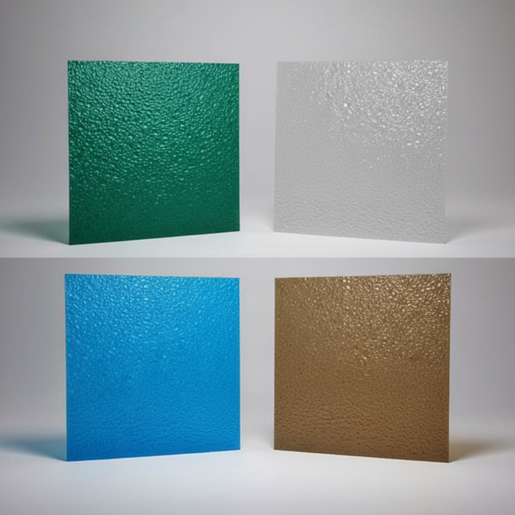 A four- color showing textured translucent polycarbonate sheet in green, clear/white, blue, and brown.