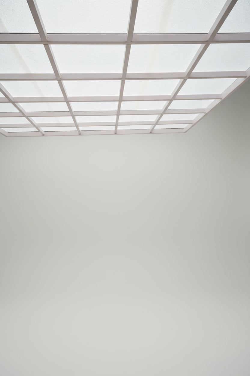 A close-up view of a translucent grid ceiling polycarbonate canopy with a white crossbar frame, showing a textured frosted panel design and a glimpse of blue sky.