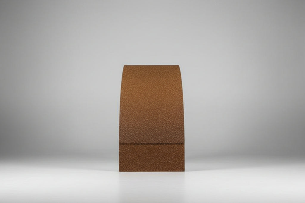 A close-up of a textured, dark brown perforated Dimond polycarbonate sheet layered over a reflective silver cylindrical surface.