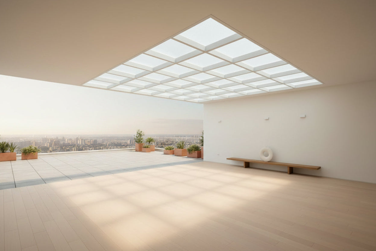 A modern translucent square skylight polycarbonate sheet with a white frame, installed on a patio ceiling under a clear blue sky.